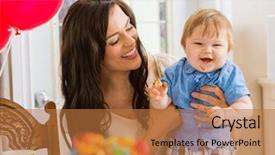  Presentation with happy birthday baby - Presentation theme with cake icing portrait - happy mother holding baby boy background and a coral colored foreground