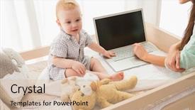  Presentation with happy baby - Presentation theme featuring happy mother using laptop with her baby boy at home in bedroom background and a soft green colored foreground