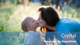  Presentation with young children - PPT theme having happy-mother-with-children background and a teal colored foreground