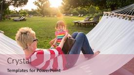  Presentation with home garden - PPT theme having happy mother and her little daughter enjoying free time using tablet computer while relaxing in a hammock during sunny day on holiday home garden background and a coral colored foreground