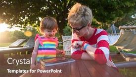  Presentation with home garden - Audience pleasing presentation theme consisting of happy mother and her little daughter enjoying free time using tablet computer while relaxing on holiday home garden during sunny day backdrop and a violet colored foreground