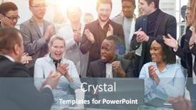  Presentation with conference table - Slide deck having happy-multi-ethnic-business-people background and a gray colored foreground