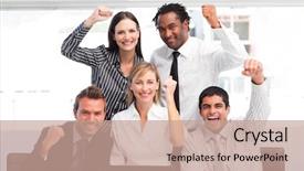  Presentation with ethnic - PPT layouts enhanced with association celebration - happy multi-ethnic business team celebrating background and a coral colored foreground