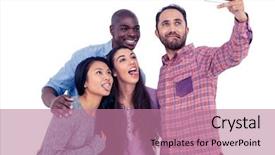  Presentation with ethnic - Colorful slide set enhanced with happy multi-ethnic friends making face while taking selfie against white background backdrop and a coral colored foreground