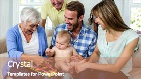  Presentation with xylophone - Cool new presentation with happy multi-generation family showing xylophone to baby boy on sofa backdrop and a coral colored foreground