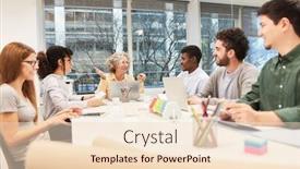  Presentation with business group meeting - Beautiful presentation design featuring happy-multicultural-group-at-business backdrop and a lemonade colored foreground