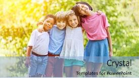  Presentation with multicultural kids - Beautiful slides featuring happy multicultural group of kids backdrop and a light blue colored foreground