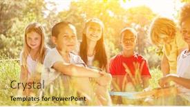  Presentation with multicultural kids - Colorful presentation theme enhanced with happy-multicultural-kids-are-picnicking backdrop and a yellow colored foreground