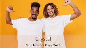  Presentation with multicultural malaysia - Presentation design enhanced with happy-multicultural-two-guys-pointing background and a coral colored foreground