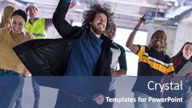  Presentation with moving business - Amazing slide set having happy multiethnic business team dancing during moving in at new unfinished startup office building backdrop and a ocean colored foreground