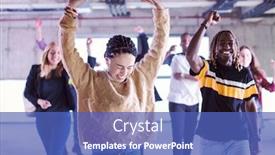  Presentation with moving business - Slide set with happy multiethnic business team dancing during moving in at new unfinished startup office building background and a teal colored foreground