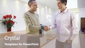  Presentation with shaking hands - Cool new PPT theme with happy multiethnic businessmen shaking hand backdrop and a gray colored foreground