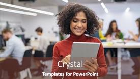  Presentation with woman office desk - Amazing PPT theme having happy-multiethnic-businesswoman-with-curly backdrop and a tawny brown colored foreground