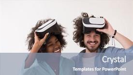  Presentation with experience - Presentation having happy multiethnic couple getting experience using vr headset glasses of virtual reality isolated on white background background and a mint green colored foreground