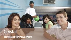  Presentation with community service happy volunteer group - Colorful PPT layouts enhanced with happy multiethnic friends at bowling backdrop and a  colored foreground