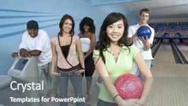  Presentation with bowling - PPT theme with happy multiethnic friends at bowling background and a gray colored foreground