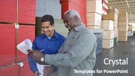  Presentation with warehouse - Audience pleasing PPT layouts consisting of happy multiethnic men stock taking backdrop and a gray colored foreground