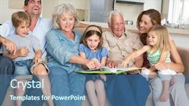  Presentation with family reading - Audience pleasing presentation consisting of happy multigeneration family reading storybook backdrop and a ocean colored foreground