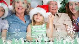  Presentation with snowflakes - Amazing PPT layouts having happy multigeneration family wearing santa hats on the couch against snowflakes and fir trees in green backdrop and a soft green colored foreground