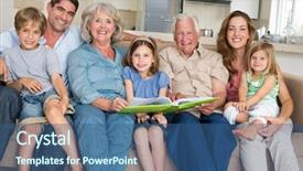  Presentation with storybook - Slide set having happy multigeneration family with storybook background and a ocean colored foreground