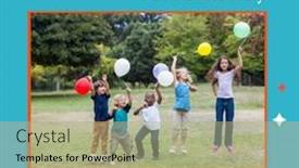  Presentation with colorful celebration - Slides consisting of happy-multiracial-children-playing background and a mint green colored foreground