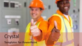  Presentation with electrical kilowatt hour electric meter - Colorful slide set enhanced with happy multiracial electrical co-workers backdrop and a red colored foreground