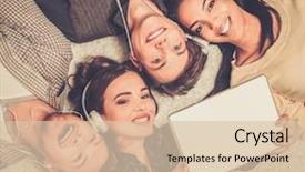  Presentation with selfie - Audience pleasing theme consisting of happy multiracial friends taking selfie with tablet pc backdrop and a lemonade colored foreground