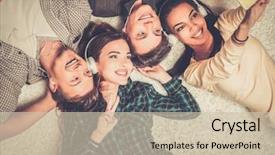 Presentation with selfie - Beautiful slides featuring happy multiracial friends taking selfie backdrop and a soft green colored foreground