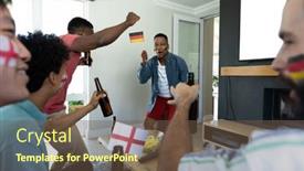  Presentation with victory sport - Presentation design enhanced with happy-multiracial-male-friends background and a tawny brown colored foreground