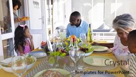  Presentation with family talking - Presentation theme having happy-multiracial-multigeneration-family-talking background and a coral colored foreground