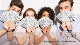  Presentation with group - Presentation theme featuring happy multiracial people holding money background and a coral colored foreground