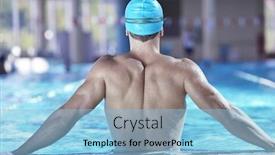  Presentation with swimming pool - PPT layouts consisting of happy muscular swimmer wearing glasses and cap at swimming pool and represent health and fit concept background and a light blue colored foreground