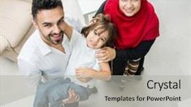  Presentation with muslim family - Slides featuring happy muslim family at modern home having fun and good time together background and a light gray colored foreground
