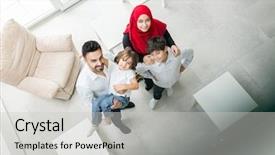  Presentation with muslim family - Beautiful PPT theme featuring happy muslim family at modern home having fun and good time together backdrop and a light gray colored foreground