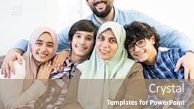  Presentation with muslim family - Slide set featuring happy-muslim-family-portrait background and a coral colored foreground