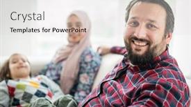  Presentation with muslim family - Cool new slide deck with happy-muslim-family-sitting backdrop and a light gray colored foreground