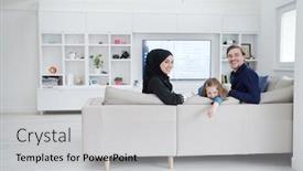  Presentation with ramadan - Audience pleasing theme consisting of happy-muslim-family-with-daughter backdrop and a light gray colored foreground