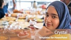  Presentation with muslim balinese - Colorful theme enhanced with happy muslim girl eating breakfast backdrop and a coral colored foreground