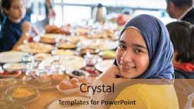  Presentation with muslim - Colorful PPT layouts enhanced with happy muslim girl eating breakfast backdrop and a coral colored foreground