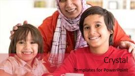  Presentation with muslim family - Colorful presentation design enhanced with happy muslim middle eastern mother with son at new modern home family at new modern home backdrop and a red colored foreground