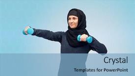  Presentation with sport blue - Colorful slide deck enhanced with happy muslim woman in hijab backdrop and a light blue colored foreground