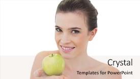  Presentation with green apple - Beautiful presentation featuring happy natural brown haired model offering a green apple on white background backdrop and a lemonade colored foreground