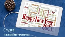  Presentation with new year card - Presentation theme with happy-new-year-2023-greetings background and a ocean colored foreground
