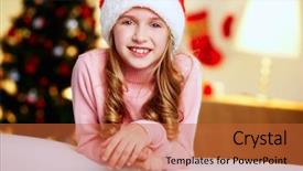  Presentation with hat - Amazing PPT theme having happy new year smiley - adorable girl in santa hat backdrop and a  colored foreground