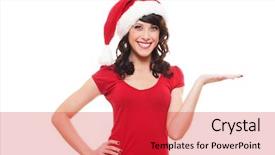  Presentation with hand palm - PPT layouts enhanced with happy new year smiley - excited santa girl presenting something background and a red colored foreground