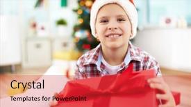  Presentation with golden christmas trumpet and red - Audience pleasing slide set consisting of happy new year smiley - portrait of cheerful boy backdrop and a  colored foreground