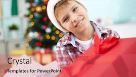  Presentation with golden christmas trumpet and red - PPT theme having happy new year smiley - portrait of cheerful boy background and a  colored foreground