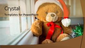  Presentation with sitting teddy bear isolated - Theme having happy new year smiley - santa teddy bear at home background and a gold colored foreground