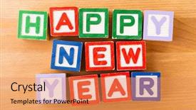  Presentation with happy new year - Cool new slide deck with young woman in white shirt glasses and hat on gray background backdrop and a lemonade colored foreground