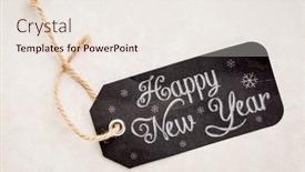  Presentation with black ceramic - Cool new slide deck with happy new year on a black price tag with a twine against a ceramic tile background backdrop and a sky blue colored foreground